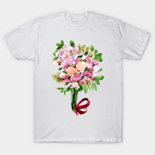 Pink Flowers Bouquet with red ribbon, watercolor T-Shirt